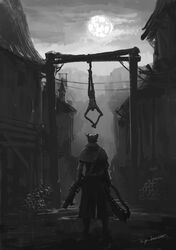  1boy artist_name bloodborne capelet facing_away from_behind full_body gloves gun handgun hat highres holding holding_gun holding_weapon hunter_(bloodborne) long_sleeves moon outdoors saw saw_cleaver shoes skull solo standing tricorne tripdancer weapon 