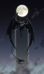  1boy arm_on_knee arrancar black_fur black_hair bleach demon_boy demon_horns demon_wings full_moon hair_between_eyes highres hole_in_chest hole_on_body horns large_horns large_wings long_hair looking_at_viewer male_focus moon night night_sky outdoors resurreccion sitting sky solo takenokoqvq topless_male ulquiorra_cifer very_long_tail wings 