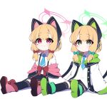  2girls absurdres animal_ear_headphones animal_ears black_skirt black_thighhighs blonde_hair blue_archive blue_necktie blush bow cat_ear_headphones cat_tail fake_animal_ears hair_bow halo headphones highres hood hooded_jacket imitating jacket looking_ahead looking_at_another midori_(blue_archive) momoi_(blue_archive) multiple_girls necktie o2h2_oh4 outstretched_legs shirt siblings sidelocks simple_background sisters sitting skirt sleeves_past_fingers sleeves_past_wrists smile tail thigh-highs twins white_background white_shirt 