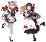  2girls :d animal_ear_fluff animal_ear_legwear animal_ears animal_hands apron black_dress black_footwear black_hair blue_eyes blush bow braid breasts broken brown_pantyhose cat_ear_legwear cat_ears cat_girl cat_tail chobi_(penguin_paradise) collared_dress commentary dress extra_ears fang food frilled_apron frilled_dress frills full_body gloves grey_hair hair_bow hair_ornament heart heart_hair_ornament high_heels highres juliet_sleeves large_breasts long_hair long_sleeves maid maid_apron maid_headdress multicolored_hair multiple_girls neneko_mashiro one_eye_closed one_side_up open_mouth pancake pancake_stack pantyhose paw_gloves plate puffy_sleeves red_bow redhead shirayuki_hina shoes short_hair simple_background smile solo standing standing_on_one_leg stellive streaked_hair symbol-only_commentary tail thigh-highs tray two-tone_hair very_long_hair virtual_youtuber white_apron white_background white_thighhighs 
