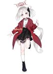 1girl beko_(beco_1122) black_footwear black_skirt blue_archive blush closed_mouth coat collared_shirt full_body grey_hair halo highres long_hair mutsuki_(blue_archive) open_clothes open_coat pleated_skirt pointy_ears red_coat red_halo shirt shoes side_ponytail simple_background skirt smile socks solo thigh_strap twitter_username violet_eyes white_background white_shirt white_socks 