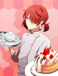  1boy bishounen_series chef closed_mouth cup drop_shadow eyelashes food fruit fukuroi_mitsuru hair_over_one_eye highres looking_at_viewer male_focus pancake pink_background ponytail red_eyes redhead smile solo strawberry teacup teapot tray uchihara 