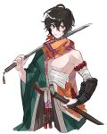  1boy ahoge alternate_costume arm_armor armlet armor bandaged_arm bandaged_waist bandages brown_hair commentary commentary_request cosplay expressionless granblue_fantasy green_kimono hadanugi_dousa hair_between_eyes highres holding holding_sword holding_weapon japanese_clothes katana kimono leaf long_scarf male_focus maple_leaf messy_hair mouth_hold no_nipples open_clothes open_kimono orange_scarf pectorals red_eyes sandalphon_(granblue_fantasy) scarf simple_background solo_focus stalk_in_mouth sweatdrop sword two-tone_kimono weapon white_background yakota_(usuk-yako) 