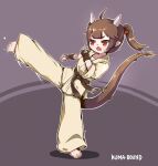  1girl ahoge artist_name belt brown_belt brown_eyes chinese_commentary commentary_request dougi dragon_girl dragon_tail fang full_body high_kick highres karate kicking kuma-bound long_hair open_mouth original pants skin_fang slit_pupils solo tail twintails v-shaped_eyebrows white_pants 