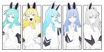  2boys 3girls :d absurdres all_i_can_see_is_you_(vocaloid) androgynous animal_ears aqua_eyes aqua_hair blonde_hair blue_eyes blue_hair closed_mouth commentary_request hand_up highres long_hair long_sleeves looking_at_viewer multiple_boys multiple_girls odd_(miyoru) open_mouth personality_i personality_ii personality_iii personality_iv personality_v pleated_skirt skirt sleeves_past_wrists smile sweatdrop translation_request upper_body vocaloid white_hair yellow_eyes 