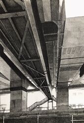  bridge concrete greyscale highres highway ibsukionsen light monochrome no_humans original overpass painting_(medium) road scenery shadow stairs steel_beam traditional_media truss water_pipe 