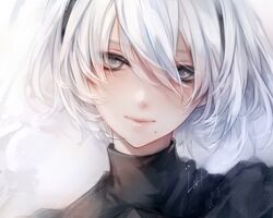  1girl 2b_(nier:automata) black_dress black_hairband close-up dress grey_eyes hair_between_eyes hairband light_smile ln looking_at_viewer nier:automata nier_(series) no_blindfold short_hair solo white_hair 