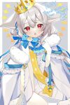  :o animal_ear_fluff animal_ears ascot blue_bow blue_ribbon blue_sash border bow bowtie coat coat_on_shoulders commission crown flower fox_ears fox_girl fox_tail frilled_vest frills fur-trimmed_coat fur_trim gloves grey_background grey_hair hair_between_eyes hair_ornament hair_scrunchie high_collar highres large_ears large_tail letterboxed long_hair low_twintails original red_eyes ribbon rose sakurada_shiro_(hy_plus) sakurada_shiro_(royal)_(hy_plus) sash scrunchie shinonora_shino shoulder_sash single_bare_leg single_thighhigh sitting skeb_commission star_(symbol) tail thigh-highs twintails very_long_hair vest white_border white_coat white_flower white_gloves white_hair white_rose white_thighhighs white_unitard zettai_ryouiki 