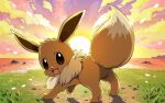  :d brown_eyes clouds commentary_request eevee grass no_humans oooise open_mouth outdoors pokemon pokemon_(creature) signature sky smile solo sun sunset tongue 