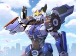  1ongget aqua_lips blue_eyes blue_lips breasts clouds cloudy_sky falling_petals helmet humanoid_robot large_breasts looking_at_viewer petals redesign robot robot_girl science_fiction sky strongarm_(transformers) transformers transformers:_robots_in_disguise_(2015) v-fin 