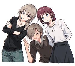  3girls ^_^ black_sweater blue_eyes blue_pants blue_skirt brown_sweater bullfalk closed_eyes closed_mouth clothes_writing collared_shirt cowboy_shot crossed_arms girls_band_cry grey_eyes grey_hair grey_shirt hair_over_one_eye highres iseri_nina kawaragi_momoka long_hair long_sleeves low_twintails mole mole_under_eye multicolored_hair multiple_girls open_mouth pants roots_(hair) rupa_(girls_band_cry) shirt shirt_tucked_in short_twintails sidelocks simple_background skirt sweatdrop sweater translation_request twintails white_background white_shirt 