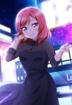  1girl adjusting_hair alternate_costume black_dress breasts building dress grin hands_up highres looking_at_viewer love_live! love_live!_school_idol_project medium_hair night night_sky nishikino_maki parted_lips red_nails redhead shiratama_(siratama_ll) sky small_breasts smile solo star_(sky) swept_bangs violet_eyes 