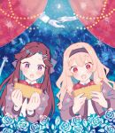  2girls :o black_hairband blonde_hair blue_background blush bow bowtie brown_hair collared_shirt commentary crescent_moon curtains flower giraffe gradient_background grey_jacket hair_ornament hairband hands_up holding holding_ticket jacket lamppost long_hair long_sleeves looking_at_object moon multiple_girls open_clothes open_jacket open_mouth palace parted_bangs red_bow red_bowtie red_eyes rose saijou_claudine school_uniform seishou_music_academy_uniform shirt shoujo_kageki_revue_starlight sidelocks silhouette sparkle tendou_maya ticket umbrella upper_body violet_eyes wato_(ko) wavy_hair white_flower white_rose white_shirt x_hair_ornament 