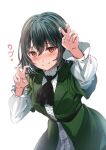  1girl air_quotes ascot black_ascot blush center_frills closed_mouth commentary_request fang fang_out frilled_shirt frills frontrivers_kae furrowed_brow green_hair green_jacket green_nails hands_up highres jacket koufukuron_(love_live!) long_hair long_sleeves looking_at_viewer love_live! love_live!_nijigasaki_high_school_idol_club mifune_shioriko red_eyes shirt short_hair solo translation_request upper_body white_background white_shirt 