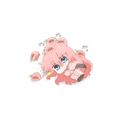  &gt;_&lt; 1girl blue_eyes blush_stickers bocchi_the_rock! chibi closed_eyes cube_hair_ornament gotoh_hitori gotoh_hitori_(octopus) grey_skirt hair_between_eyes hair_ornament jacket long_hair lying on_side one_side_up pants pants_under_skirt pink_hair pink_jacket pink_pants pleated_skirt rebecca_(keinelove) shadow simple_background skirt track_jacket track_pants track_suit translation_request very_long_hair white_background 