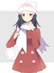  1girl bag beanie black_hair blush buttons closed_mouth coat commentary_request duffel_bag eyelashes grey_background grey_eyes hair_ornament hairclip hat highres hikari_(pokemon) long_hair long_sleeves ohn_pkmn pokemon pokemon_dppt pokemon_platinum red_coat scarf sidelocks solo white_bag white_hat white_scarf 