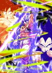  abs absurdres arm_up aura black_footwear clenched_hand commentary_request dragon_ball dragon_ball_super dragon_ball_super_broly fusion fusion_dance gogeta highres metamoran_vest multiple_boys muscular muscular_male open_mouth pants pectorals sekitsuki_hayato son_goku spiky_hair super_saiyan super_saiyan_blue topless_male torn torn_clothes vegeta white_pants 