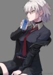  1girl ahoge black_choker black_shirt black_skirt breasts choker collared_shirt deishuu drinking_straw drinking_straw_in_mouth earrings fate/grand_order fate_(series) green_eyes jacket jeanne_d&#039;arc_alter_(avenger)_(fate) jeanne_d&#039;arc_alter_(fate) jewelry large_breasts looking_to_the_side necktie school_uniform shirt short_hair simple_background skirt solo stud_earrings sweater twitter_username white_hair 