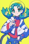  1girl absurdres asatte_3z blue_eyes blue_hair cowboy_shot grin hat highres jacket kris_(pokemon) long_hair long_sleeves open_clothes open_jacket pokemon pokemon_gsc red_shirt shirt simple_background smile solo twintails white_jacket yellow_background yellow_hat 