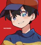  1boy baseball_cap black_hair blue_eyes child copyright_name earth_(planet) happy haru-cho hat heterochromia highres male_focus mother_(game) mother_2 ness_(mother_2) planet red_background shirt short_hair smile solo striped_clothes striped_shirt upper_body 