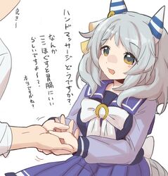  1boy 1girl animal_ears blush breasts brown_eyes commentary_request grey_hair hair_between_eyes hair_ornament hishi_miracle_(umamusume) holding_hands horse_ears horse_girl medium_breasts medium_hair noko-chan open_mouth school_uniform tracen_school_uniform trainer_(umamusume) translation_request umamusume 