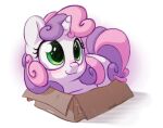  1girl blush bobdude0 box cardboard_box green_eyes horns in_box in_container multicolored_hair my_little_pony my_little_pony:_friendship_is_magic no_humans pink_hair purple_hair simple_background single_horn solo sweetie_belle two-tone_hair unicorn white_background white_fur 
