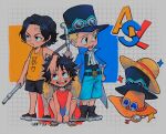  3boys absurdres aged_down alternate_costume artist_name ascot bandaid bandaid_on_face bandaid_on_forehead bandaid_on_nose black_eyes black_footwear black_hair black_hat black_shirt black_shorts blonde_hair blue_coat blue_shorts boots child coat cowboy_hat freckles grid_background hat highres holding_industrial_pipe industrial_pipe initial long_coat looking_at_another monkey_d._luffy multiple_boys one_piece open_clothes open_coat open_mouth orange_tank_top portgas_d._ace red_tank_top sabo_(one_piece) sainttufa sandals shirt short_hair shorts spiky_hair squatting straw_hat tank_top teeth top_hat torn_ascot torn_clothes white_ascot 