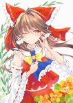  1girl absurdres ascot blue_ascot bow bowtie brown_hair closed_mouth commentary_request detached_sleeves flower frilled_bow frilled_hair_tubes frills hair_bow hair_tubes hakurei_reimu highres light_blush long_hair one_eye_closed red_bow red_skirt ribbon-trimmed_sleeves ribbon_trim skirt skirt_set smile solanikieru solo subterranean_animism touhou yellow_bow yellow_bowtie yellow_flower 