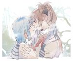  2girls black_ribbon blue_eyes blue_hair blush bow bowtie commentary_request grey_scarf hair_ribbon hand_on_another&#039;s_shoulder imminent_kiss koyomania long_hair mahou_shoujo_madoka_magica mahou_shoujo_madoka_magica_(anime) miki_sayaka mitakihara_school_uniform multiple_girls outdoors ponytail red_bow red_bowtie red_eyes redhead ribbon sakura_kyoko scarf school_uniform shared_clothes shared_scarf short_hair striped_clothes striped_scarf tree upper_body yuri 