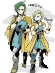  1boy 1girl adjusting_belt ancestor_and_descendant belt bianca_(dq5) bianca_(dq5)_(cosplay) blonde_hair blue_eyes boots bracelet braid brown_footwear bykillt cape closed_mouth clouds cloudy_sky commentary_request cosplay dated dragon_quest dragon_quest_iv dragon_quest_v dress earrings full_body green_dress green_hair green_socks green_tunic hair_over_shoulder height_difference hero_(dq4) jewelry knee_boots long_hair looking_at_another medium_hair neck_ring orange_cape pants single_braid sky smile socks standing thumbs_up white_pants 