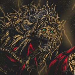  00osamio00 asymmetrical_horns cloak divine_beast_dancing_lion elden_ring elden_ring:_shadow_of_the_erdtree green_eyes highres horns lion_dance lion_mane looking_at_viewer monster multiple_horns no_humans open_mouth red_cloak 