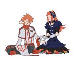  1boy 1girl aqua_eyeshadow bandaged_arm bandaged_hand bandages brother_and_sister eyeliner eyeshadow facial_mark fire_emblem fire_emblem_engage fur_sleeves green_trim hahm0106 highres makeup orange_hair pandreo_(fire_emblem) panette_(fire_emblem) red_eyeliner red_footwear red_trim robe short_bangs siblings white_robe 