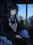  1girl ado_(utaite) black_bow black_bowtie black_coat black_hair black_pants blue_eyes blue_flower blue_hair blue_rose bow bowtie chando_(ado) closed_mouth cloud_nine_inc coat collared_shirt colored_inner_hair commentary couch dress_shirt flower flower_brooch gloves highres indoors long_sleeves ludexvel138 mole mole_under_eye multicolored_hair open_clothes open_coat pants pillow rose shirt sidelocks signature sitting solo stuffed_animal stuffed_cat stuffed_toy two-tone_hair utaite vase white_gloves white_shirt window 