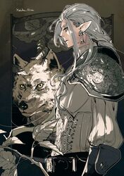  1boy animal armor branch character_request dog final_fantasy final_fantasy_xiv leaf long_hair looking_at_viewer pointy_ears shoulder_armor signature solo white_hair yabuka_shiwa yellow_eyes 