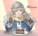  1girl :o blue_coat blue_eyes blue_neckerchief brown_gloves brown_hair brown_scarf cabbie_hat cake cake_slice character_name coat curly_hair dated dress facing_viewer food fork gloves gradient_background grey_hat hands_up hat highres holding holding_fork long_hair long_sleeves looking_down marcus_(reverse:1999) neckerchief open_mouth pink_background plate reverse:1999 sachertorte_(food) scarf solo sparkle straight-on teeth two-tone_background upper_body upper_teeth_only white_dress yan_jing_tian yellow_background 