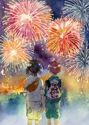  2boys aerial_fireworks bag black_hair brown_hair commentary_request fantasydolce fireworks florian_(pokemon) from_behind green_shirt green_shorts highres holding_hands kieran_(pokemon) male_focus multiple_boys night outdoors painting_(medium) pokemon pokemon_sv shirt short_hair short_sleeves shorts sky traditional_media watercolor_(medium) white_shirt white_shorts zipper_pull_tab 