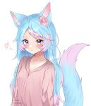  1girl absurdres animal_ears blue_hair divaartx expressionless flower gradient_hair hair_flower hair_ornament heart highres long_hair long_sleeves looking_at_viewer multicolored_hair pink_flower pink_hair pink_shirt shirt silvervale simple_background tail two-tone_hair violet_eyes virtual_youtuber vshojo white_background wolf_ears wolf_girl wolf_tail 