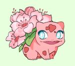  alternate_color alternate_form blue_eyes bulbasaur colored_skin flower green_background looking_to_the_side mjoyart no_humans open_mouth pink_flower pink_skin pokemon pokemon_(creature) simple_background solo 
