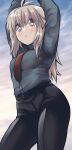  1girl :o antenna_hair arms_up belt belt_buckle black_belt black_pants blue_sky breasts brown_hair buckle clouds cloudy_sky collared_shirt commentary_request day dress_shirt green_eyes grey_shirt hair_between_eyes highres koshirae_tsurugi_(m.m) long_hair looking_at_viewer m.m necktie original outdoors pants parted_lips red_necktie shirt sidelocks sky small_breasts solo 