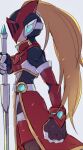  1boy alternate_costume armor blonde_hair clenched_hand covered_eyes cowboy_shot from_side helmet helmet_over_eyes high_ponytail highres holding holding_sword holding_weapon long_hair male_focus mega_man_(series) mega_man_zero_(series) profile red_armor red_helmet simple_background solo sword vani_(hisha_04) weapon white_background zero(z)_(mega_man) zero_(mega_man) 