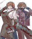  2girls apron black_gloves black_sweater blood blood_on_clothes blood_on_face blood_on_weapon breasts brown_apron brown_eyes brown_gloves brown_hair brown_pants chainsaw cowboy_shot genderswap genderswap_(mtf) glasses gloves gregor_(project_moon) hand_up highres holding holding_chainsaw holding_knife huge_breasts kikkoinu knife limbus_company low_ponytail multiple_girls pants parted_bangs project_moon sweater weapon white_sweater 