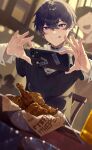  1boy absurdres bishounen black_hair blurry blurry_background collar collared_shirt commentary earrings food fried_chicken hair_between_eyes highres indie_virtual_youtuber indoors jewelry licking_lips light_particles long_sleeves looking_at_viewer male_focus perspective puring_0207 purple_hair restaurant shirt short_hair shoto_(vtuber) sitting smile solo solo_focus sweater_vest symbol-only_commentary taking_picture tongue tongue_out violet_eyes virtual_youtuber 