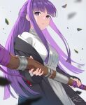  1girl absurdres black_robe blunt_bangs blunt_ends collar commentary dai_(tdaitw) dated debris dress fern_(sousou_no_frieren) frilled_collar frills grey_background hair_ornament hands_up high_collar highres holding holding_wand long_hair looking_at_viewer off_shoulder open_mouth purple_hair purple_ribbon ribbon robe sidelocks signature simple_background solo sousou_no_frieren upper_body violet_eyes wand white_dress 