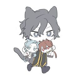  1girl 2boys black_coat black_eyes black_hair blue_eyes blue_hair bright_pupils brown_hair chibi chibi_only coat commentary_request enomoto_noa frown gigantea_pp hair_between_eyes jabuchi_you kemonomimi_mode korean_commentary light_blue_hair low_ponytail mini_person miniboy minigirl multiple_boys red_eyes saibou_shinkyoku side_ponytail sweat triangle_mouth utsugi_noriyuki v-shaped_eyebrows white_pupils 