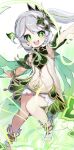  1girl :d absurdres arm_cuffs bloomers bracelet brown_dress commentary_request detached_sleeves dress flower flower-shaped_pupils full_body genshin_impact gold_trim gradient_background gradient_hair green_background green_eyes green_hair grey_hair hair_between_eyes hair_ornament hand_up highres jewelry kekeke606 leaf_hair_ornament long_hair looking_at_viewer multicolored_hair nahida_(genshin_impact) open_mouth pointy_ears short_sleeves side_ponytail sidelocks smile solo stirrup_footwear symbol-shaped_pupils teeth toeless_footwear tongue upper_teeth_only white_bloomers white_footwear 