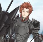  1boy barding closed_mouth dated e_wammarl fire_emblem fire_emblem:_three_houses fur_trim holding holding_polearm holding_weapon horseback_riding looking_at_viewer male_focus polearm red_eyes redhead riding smile sylvain_jose_gautier weapon 