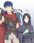  2boys aina123 armor belt black_gloves black_hair blue_eyes blue_hair book cape closed_mouth facial_mark fingerless_gloves fire_emblem fire_emblem:_path_of_radiance fire_emblem:_radiant_dawn forehead_mark gloves headband highres holding holding_book holding_weapon ike_(fire_emblem) long_sleeves male_focus multiple_boys pants red_cape red_eyes signature simple_background soren_(fire_emblem) sword weapon wide_sleeves 