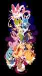  15355451wer animal_focus black_background blue_eyes closed_eyes curled_up eevee espeon evolutionary_line fins flareon full_body glaceon group_picture head_fins jolteon leaf leafeon no_humans one_eye_closed open_mouth outline pokemon pokemon_(creature) red_eyes simple_background sitting sparkle sylveon tail umbreon vaporeon white_outline 