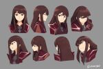  1girl aged_up brown_hair commentary diooksan english_commentary grey_background highres kagari_atsuko little_witch_academia long_hair looking_at_viewer looking_to_the_side multiple_views profile red_eyes sidelocks signature simple_background upper_body 