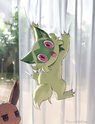  :o animal_focus brown_fur cat claws commentary_request curtains eevee fangs green_fur highres jitome kaminokefusa no_humans pokemon pokemon_(creature) red_eyes sprigatito surprised sweat tail 